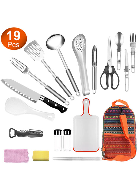 19-Piece Camping Cooking Utensil Set – Portable Outdoor Kitchen Kit with Stainless Steel Tools & Organizer Bag