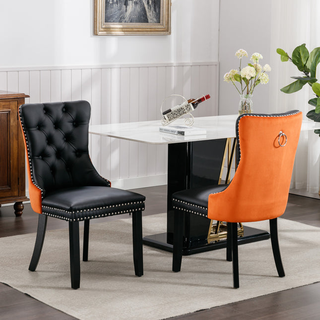Black & Orange Tufted Dining Chairs Set of 2 – Upholstered PU Leather Chairs with Nailhead Trim and Wood Legs
