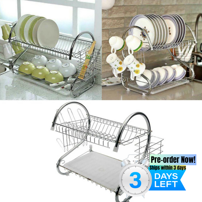 DL2- 2 Tier Dish Drying Rack Drainer Stainless Steel Kitchen Cutlery Holder Shelf - Likeshoppe