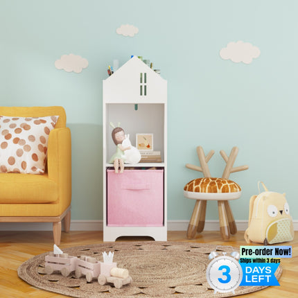 AT7- Kids Dollhouse Bookcase with Storage, 2-Tier Storage Display Organizer, Toddler Bookshelf with Collapsible Fabric Drawers for Bedroom or Playroom (White/Pink) - Likeshoppe