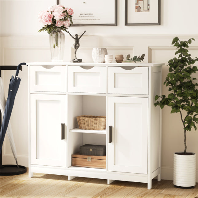 Multi-Storage Accent Cabinet – White Floor Cabinet with Drawers, Doors & Adjustable Shelves
