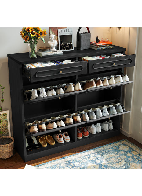 Farmhouse Shoe Cabinet with 4 Flip Drawers & 2 Storage Drawers – Black Entryway Shoe Rack Organizer