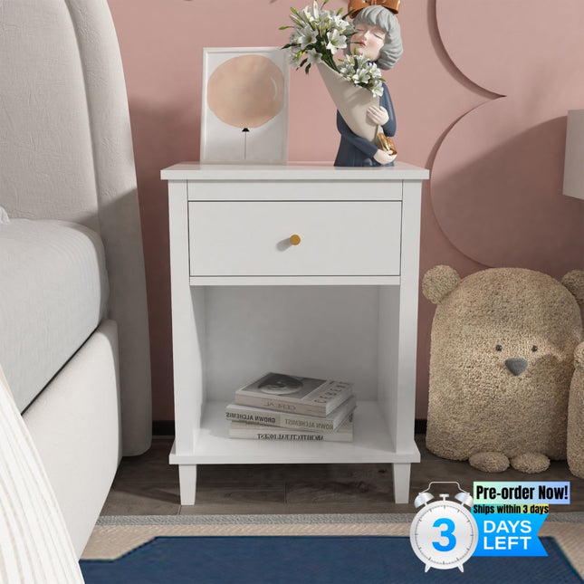 AW6- Wooden Nightstand with One Drawer One Shelf for Kids, Adults, White - Likeshoppe