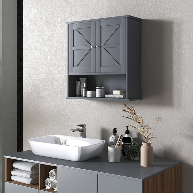 Farmhouse Wall-Mounted Medicine Cabinet – Gray Bathroom Cabinet with Barn Doors & Adjustable Shelf