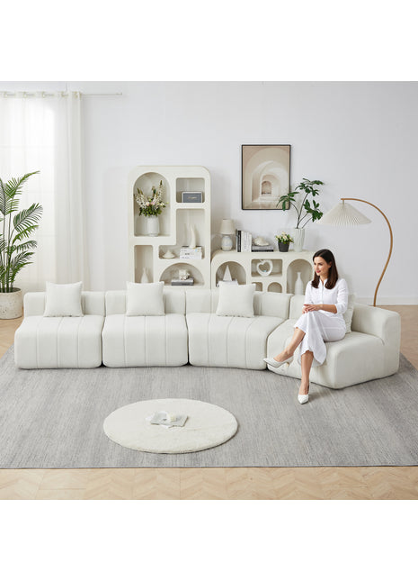 Likeshoppe Curved Modular Chenille Sectional Sofa with Pillows – Beige 4-Seat Cloud Couch for Modern Living Room