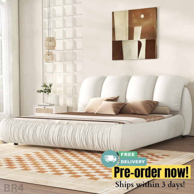 BR4- King Size Luxury Upholstered Bed With Thick Headboard, Leather King Bed with Oversized Padded Backrest, White(Expect Arrive date 2024/2/15) - Likeshoppe