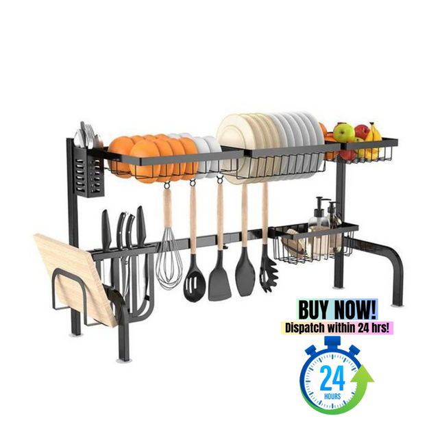 DL3-Adjustable Over Sink Dish Drying Rack with Hooks - Likeshoppe