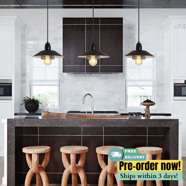 VF4- Farmhouse Vintage Pendant Light Black Fixture Pendant Lights with Spring Frame Adjustable Metal Hanging Lamp for Kitchen Island Dining Room Bedroom Living Room Barn Entryway, E26 - Likeshoppe