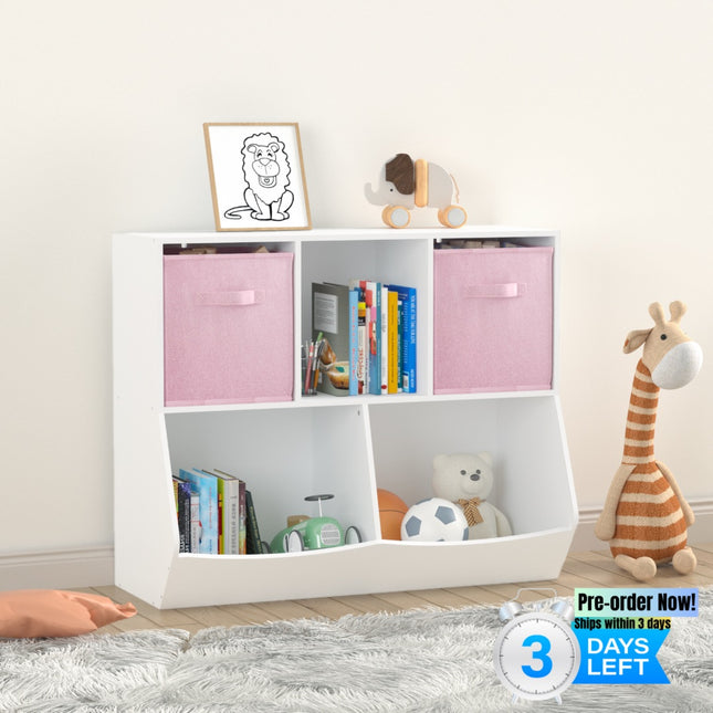 AT9- Kids Bookcase with Collapsible Fabric Drawers, Children's Toy Storage Cabinet for Playroom, Bedroom, Nursery, School, White/Pink - Likeshoppe