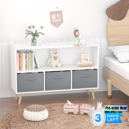 AT20- Kids bookcase with Collapsible Fabric Drawers, Children's Book Display, Toy Storage Cabinet Organizer, White/Gray - Likeshoppe
