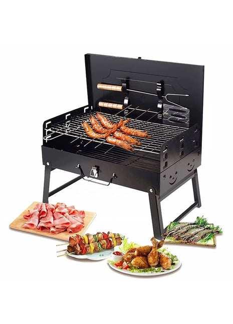 Portable Charcoal BBQ Grill Foldable Suitcase Camping Grill with Adjustable Heights for Outdoor Cooking