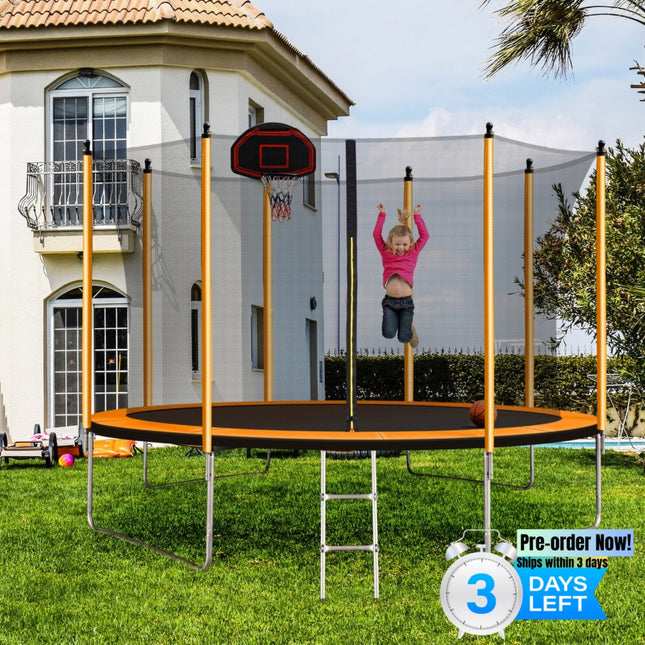 BA19- 10FT Trampoline with Basketball Hoop Inflator and Ladder(Inner Safety Enclosure) Orange - Likeshoppe