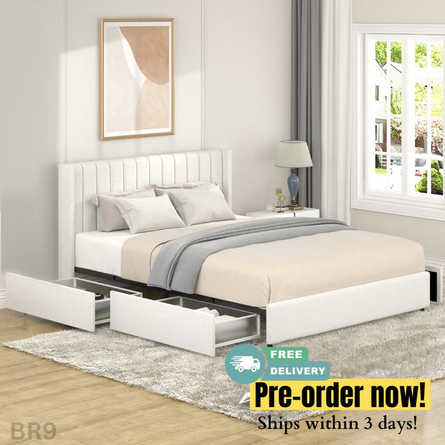BR9- Anda Queen Size Ivory Boucle Upholstered Platform Bed with Patented 4 Drawers Storage, Tufted Headboard, Wooden Slat Mattress Support, No Box Spring Needed. - Likeshoppe