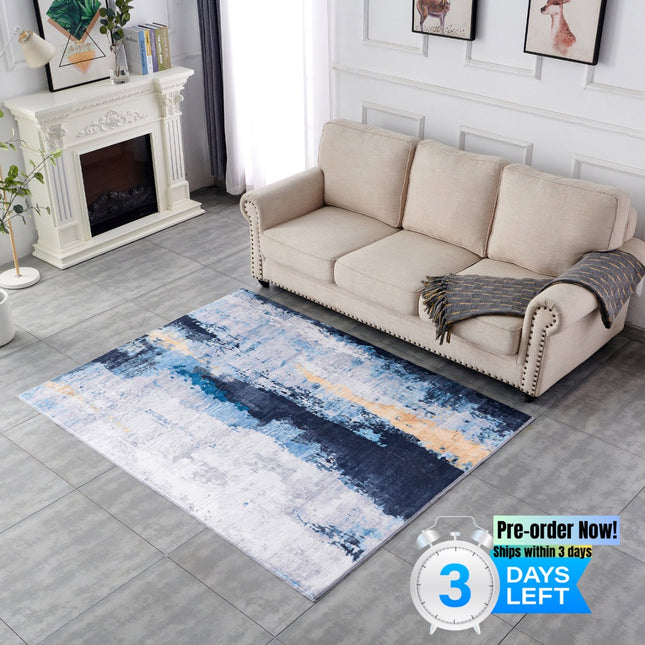 AQ2- ZARA Collection Abstract Design Gray Blue Yellow Machine Washable Super Soft Area Rug - Likeshoppe