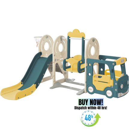 BB22- Kids Swing-N-Slide with Bus Play Structure; Freestanding Bus Toy with Slide&Swing for Toddlers; Bus Slide Set with Basketball Hoop - Likeshoppe