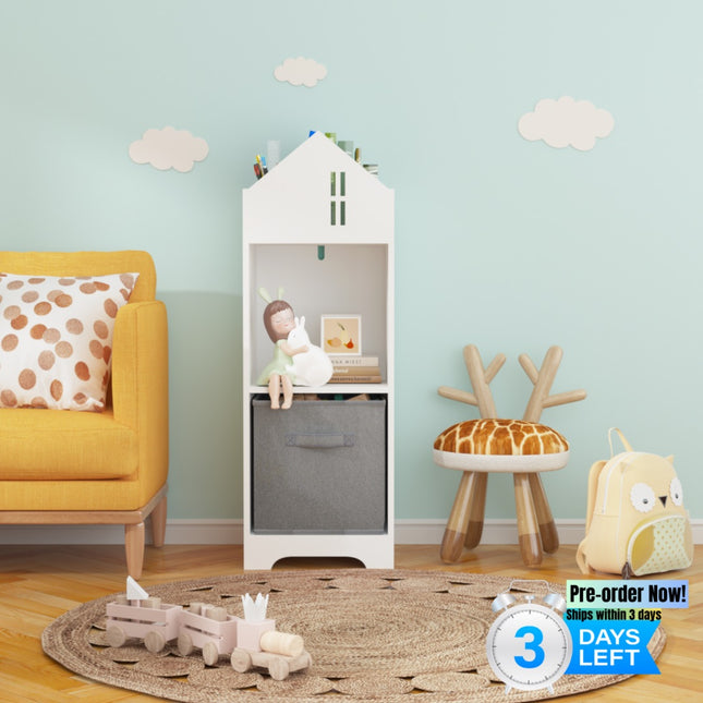 AT6- Kids Dollhouse Bookcase with Storage, 2-Tier Storage Display Organizer, Toddler Bookshelf with Collapsible Fabric Drawers for Bedroom or Playroom (White/Gray) - Likeshoppe