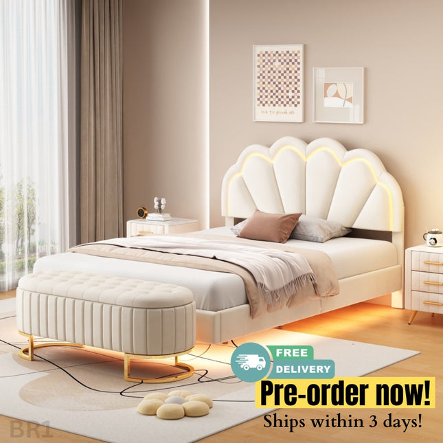 BR1- 2-Pieces Bedroom Sets Full Size Upholstered LED Platform Bed with Storage Ottoman-Velvet - Likeshoppe