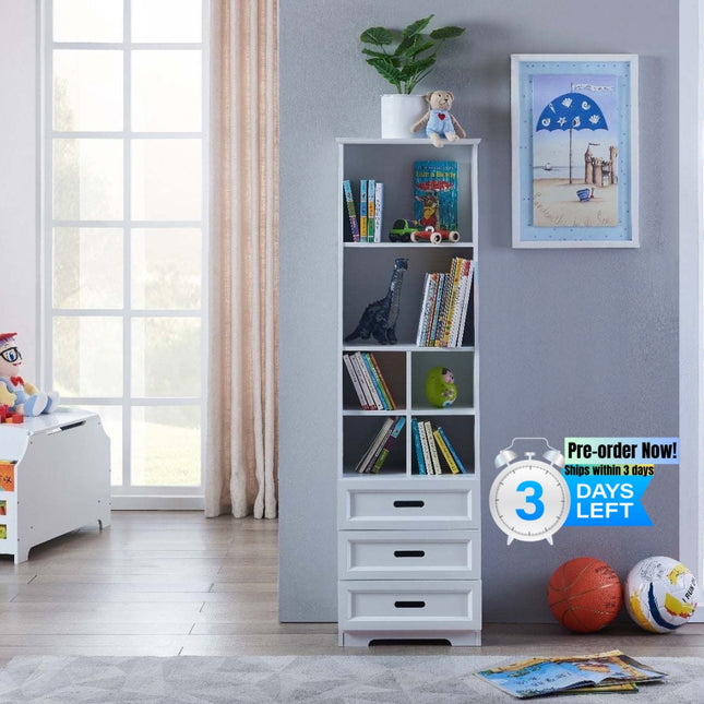 AT17- Kids Funnel White Bookcase Book Shelf Storage Unit with Book Display/Organizer Drawers - Classic White Color - Likeshoppe