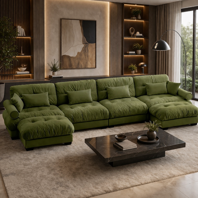 Olive Green Velvet U-Shaped Cloud Sectional Sofa – Luxury 4-Seater Modular Couch with Deep Seating & Ottomans