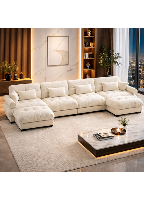 U-Shaped Cloud Sectional Likeshoppe Sofa – Luxury Cream Velvet 4-Seater Modular Couch with Deep Seating & Movable Ottomans