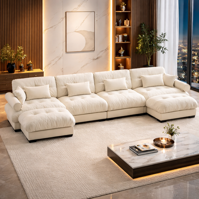 U-Shaped Cloud Sectional Likeshoppe Sofa – Luxury Cream Velvet 4-Seater Modular Couch with Deep Seating & Movable Ottomans