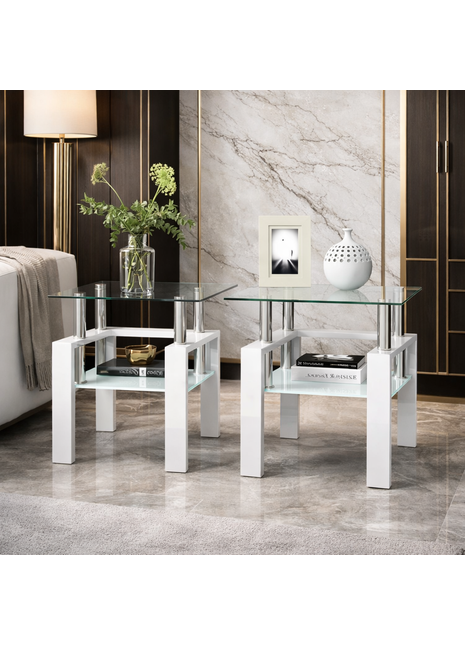 Modern Tempered Glass Coffee Table Set of 2 – Square End Tables with Storage Shelf LS3