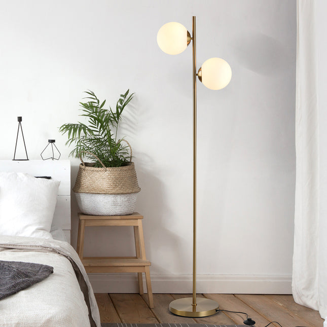 Modern Gold Floor Lamp with Dual Globe Glass Shades – 2-Light Standing Lamp with Foot Switch for Living Room & Bedroom