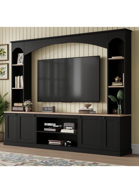 91" Arched Entertainment Center Wall Unit – Farmhouse TV Stand with Bookshelf for TVs up to 70"