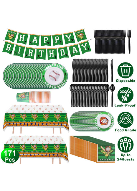 171PCS Baseball Party Supplies Set for 24 Guests – Disposable Dinnerware with Plates, Cups & Decorations