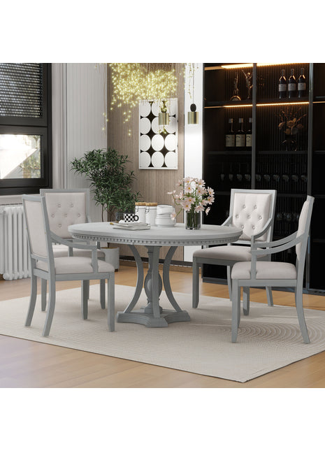 Retro 5-Piece Extendable Round Dining Set – Antique Gray Oak Table with 4 Chairs