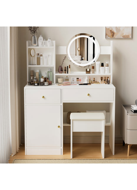 Vanity Desk with Mirror and Lights – Makeup Dressing Table with LED Mirror & Cushioned Chair