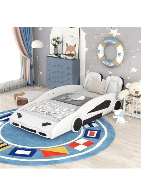 Likeshoppe Twin Size Race Car-Shaped Platform Bed With Wheels, White