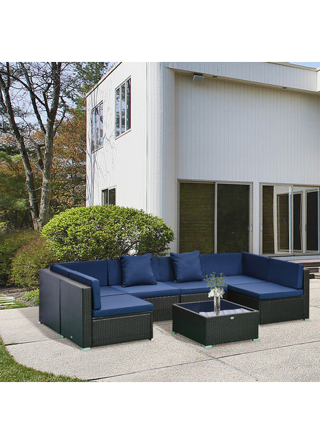 7-Piece Outdoor Wicker Patio Furniture Set – Sectional Sofa with Cushions & Glass Coffee Table
