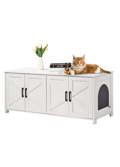 Cat Litter Box Enclosure Furniture – Hidden Wooden Cat Washroom Cabinet with 2 Rooms White