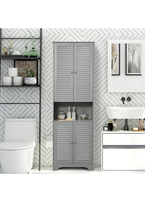 Tall Narrow Bathroom Storage Cabinet – Freestanding Linen Cabinet with Adjustable Shelves (Gray)