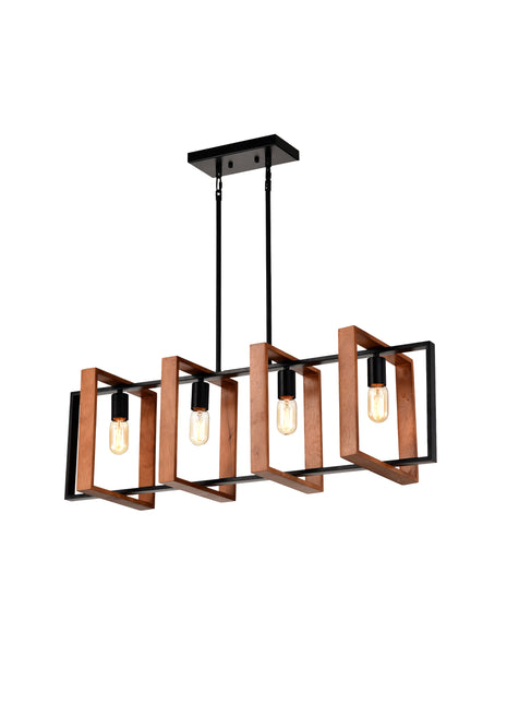 Likeshoppe Farmhouse Kitchen Island Pendant Light – 36" Rustic Wood & Black Metal 4-Light Dining Room Chandelier