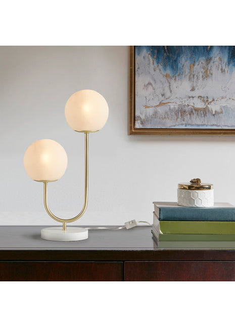 Modern Gold 2-Light Globe Table Lamp with Frosted Glass Shades – Elegant Desk Lamp for Bedroom, Living Room & Office