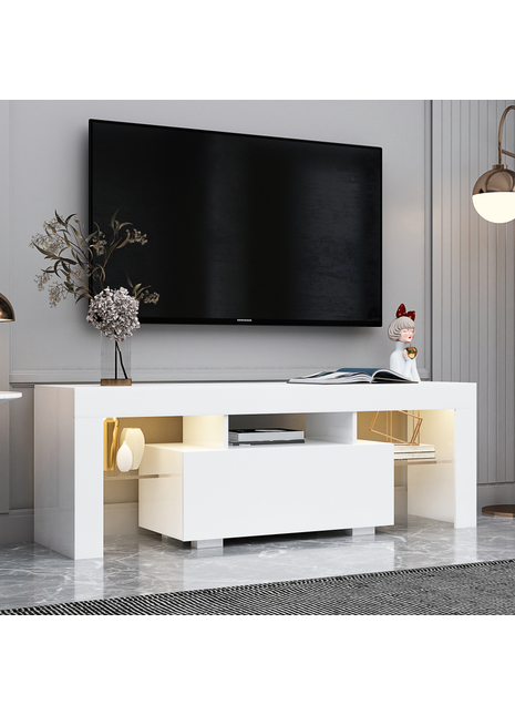LED Entertainment TV Stand for 50–59 Inch TVs – Modern White TV Cabinet with Storage & RGB Lights-lsb
