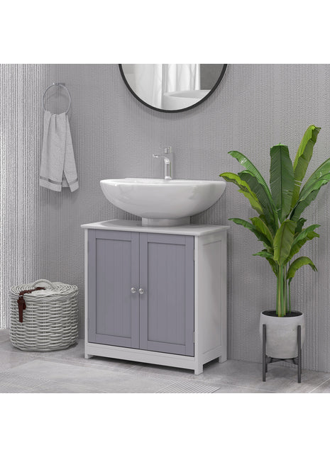Likeshoppe Under Sink Bathroom Cabinet with U-Shaped Cut-Out – White & Gray Space Saving Vanity Storage with Adjustable Shelf for Small Bathrooms