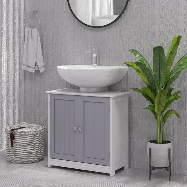 Likeshoppe Under Sink Bathroom Cabinet with U-Shaped Cut-Out – White & Gray Space Saving Vanity Storage with Adjustable Shelf for Small Bathrooms