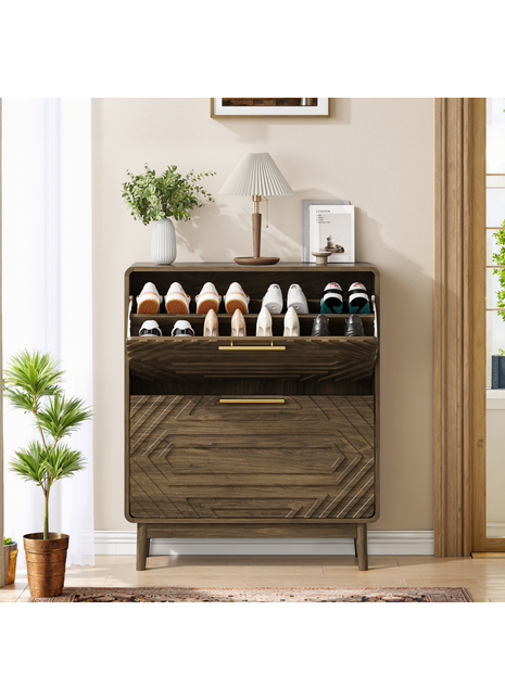 Walnut Mid-Century Shoe Cabinet with Flip Drawers – Slim Entryway Shoe Storage Organizer