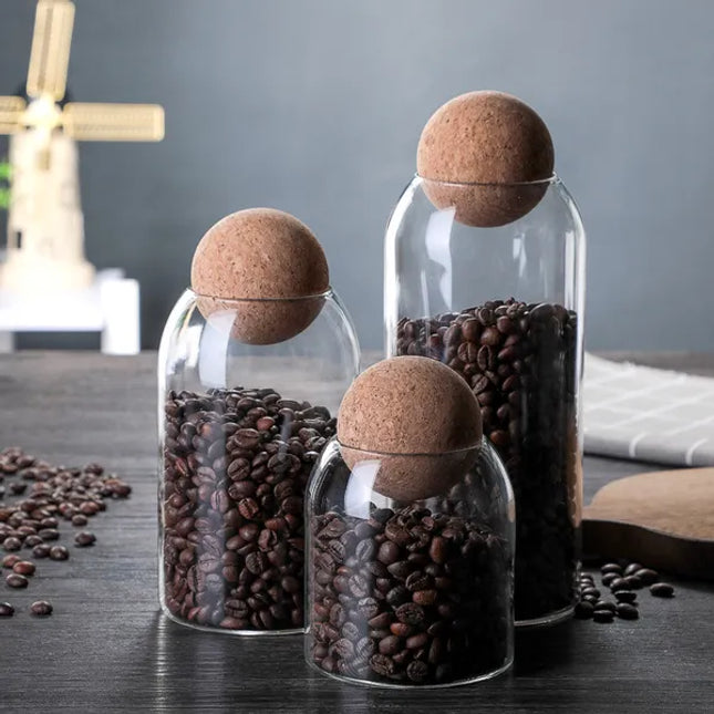 Glass Storage Ball Jar with Cork Lid – Minimalist Airtight Coffee, Tea & Candy Storage Container
