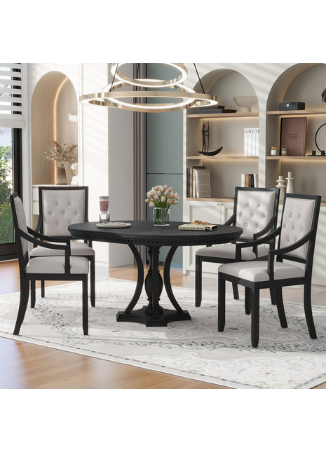 Retro 5-Piece Extendable Round Dining Set – Black Oak Kitchen Dining Table with 4 Chairs
