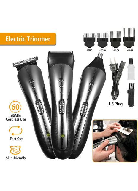 3-in-1 Electric Hair Clipper & Beard Trimmer Set with Nose Trimmer