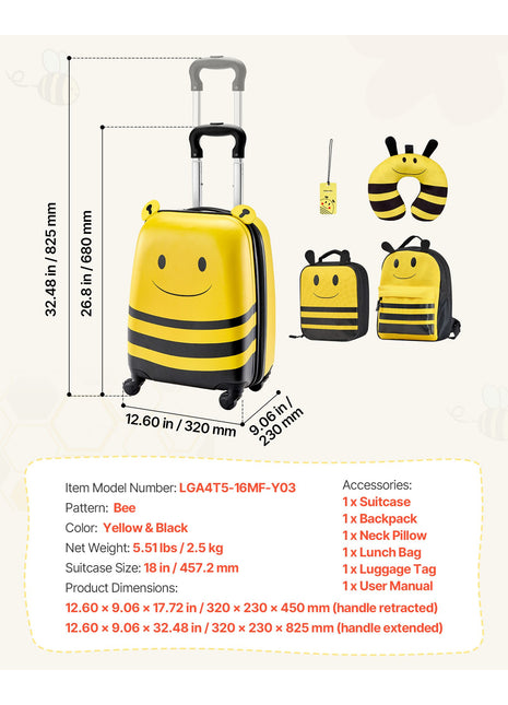 Kids 5 Piece Carry On Luggage Set | 18 Inch Rolling Suitcase with Backpack & Travel Pillow | Likeshoppe