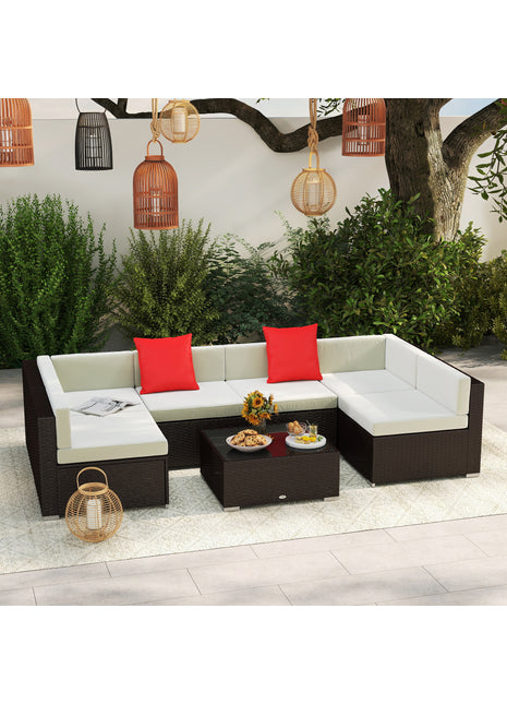 Likeshoppe 7 Piece Outdoor Rattan Sectional Sofa Set with Cushions & Glass Table – Modular Patio Furniture for Backyard, Garden & Outdoor Seating