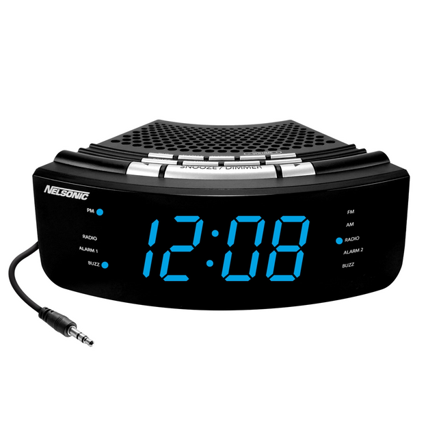 CH26- NELSONIC Digital AM/FM Clock Radio with Built in Aux Cord, Black with Blue LED Display - Likeshoppe