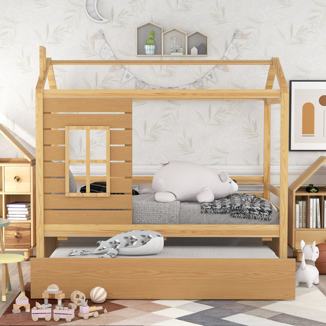 AS9- Twin Size House Bed Wood Bed with Twin Size Trundle - Likeshoppe