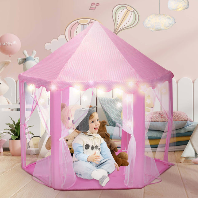BE6-53"H Princess Castle Play Tent House with LED Star Lights for Kids, Indoor and Outdoor, Pink - Likeshoppe