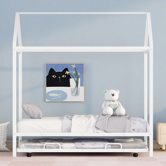 AS22- Twin Size Kids House Bed With Trundle; Metal House Bed - Likeshoppe